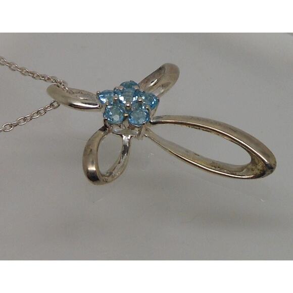 Vintage Sterling Silver Blue Topaz Flower Slide Cross Pendant Necklace Chain - Picture 5 of 10